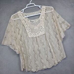 Vintage Lavish Top Women 2X Cream Lace Crochet‎ Floral Sheer Boho Kimono Cover